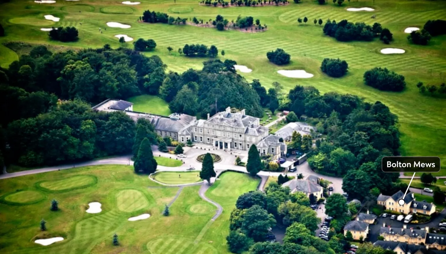 Aerial view of Faithlegg House Hotel, the golf course and Bolton Mews